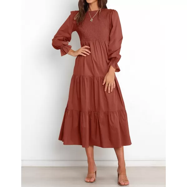 imageZESICA Womens Casual Plaid Crew Neck Long Puff Sleeve Elastic Waist Smocked Flowy Tiered Midi DressRust