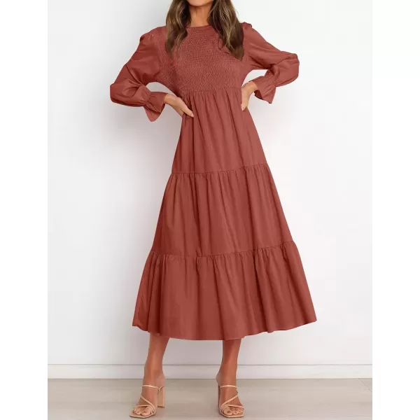 imageZESICA Womens Casual Plaid Crew Neck Long Puff Sleeve Elastic Waist Smocked Flowy Tiered Midi DressRust