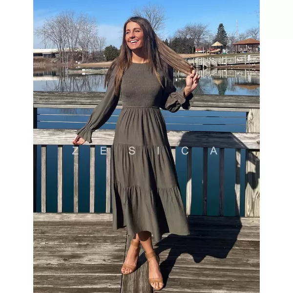 imageZESICA Womens Casual Plaid Crew Neck Long Puff Sleeve Elastic Waist Smocked Flowy Tiered Midi DressSolidarmygreen