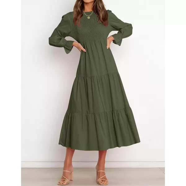 imageZESICA Womens Casual Plaid Crew Neck Long Puff Sleeve Elastic Waist Smocked Flowy Tiered Midi DressSolidarmygreen