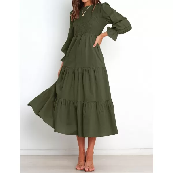 imageZESICA Womens Casual Plaid Crew Neck Long Puff Sleeve Elastic Waist Smocked Flowy Tiered Midi DressSolidarmygreen