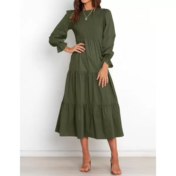 imageZESICA Womens Casual Plaid Crew Neck Long Puff Sleeve Elastic Waist Smocked Flowy Tiered Midi DressSolidarmygreen