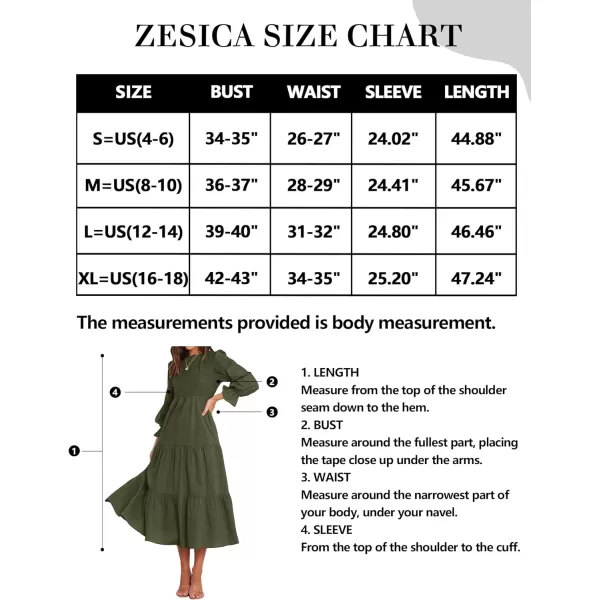 imageZESICA Womens Casual Plaid Crew Neck Long Puff Sleeve Elastic Waist Smocked Flowy Tiered Midi DressSolidarmygreen