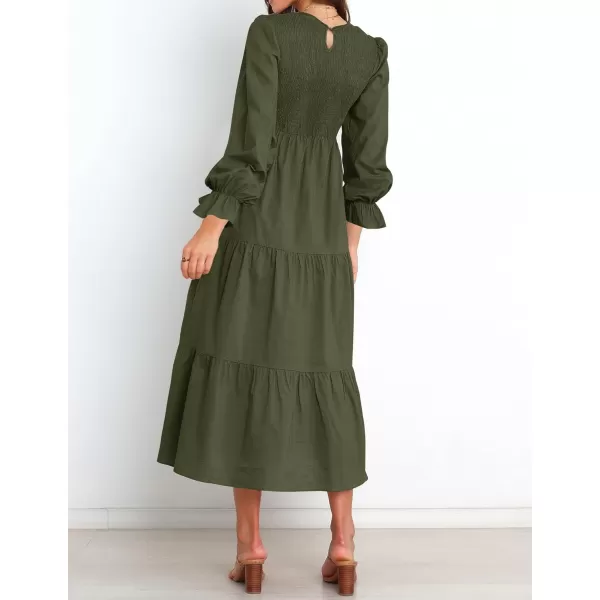 imageZESICA Womens Casual Plaid Crew Neck Long Puff Sleeve Elastic Waist Smocked Flowy Tiered Midi DressSolidarmygreen