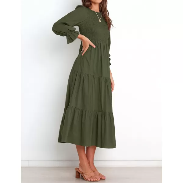 imageZESICA Womens Casual Plaid Crew Neck Long Puff Sleeve Elastic Waist Smocked Flowy Tiered Midi DressSolidarmygreen