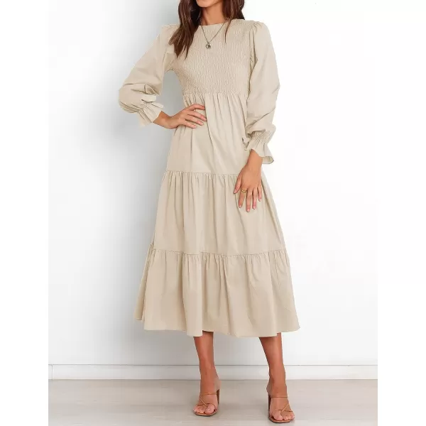 imageZESICA Womens Casual Plaid Crew Neck Long Puff Sleeve Elastic Waist Smocked Flowy Tiered Midi DressSolidbeige