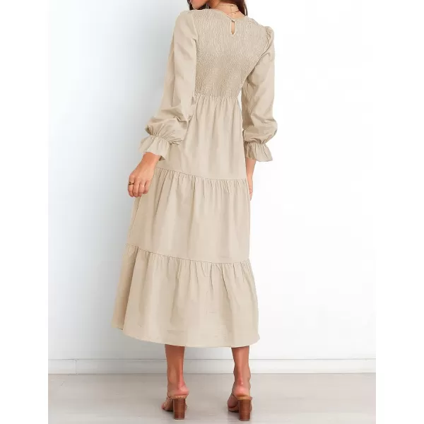 imageZESICA Womens Casual Plaid Crew Neck Long Puff Sleeve Elastic Waist Smocked Flowy Tiered Midi DressSolidbeige