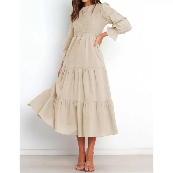 imageZESICA Womens Casual Plaid Crew Neck Long Puff Sleeve Elastic Waist Smocked Flowy Tiered Midi DressSolidbeige