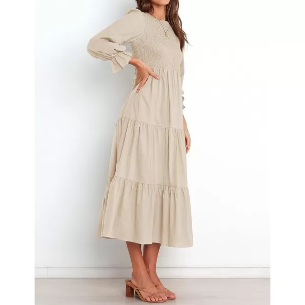 imageZESICA Womens Casual Plaid Crew Neck Long Puff Sleeve Elastic Waist Smocked Flowy Tiered Midi DressSolidbeige