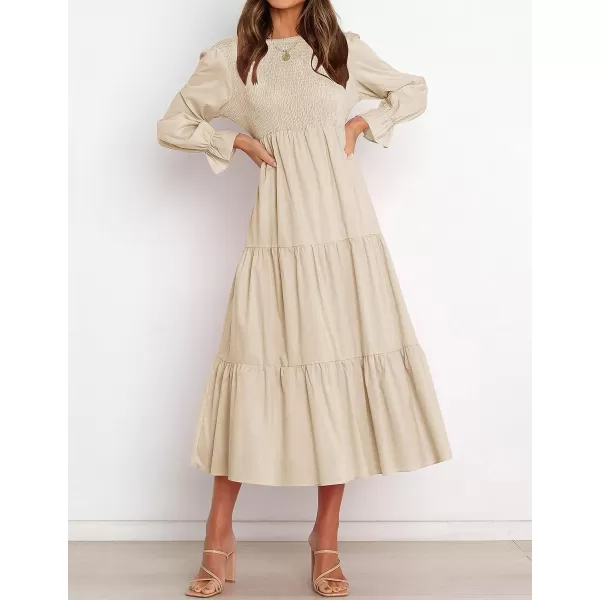 imageZESICA Womens Casual Plaid Crew Neck Long Puff Sleeve Elastic Waist Smocked Flowy Tiered Midi DressSolidbeige