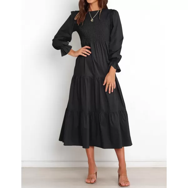 imageZESICA Womens Casual Plaid Crew Neck Long Puff Sleeve Elastic Waist Smocked Flowy Tiered Midi DressSolidblack