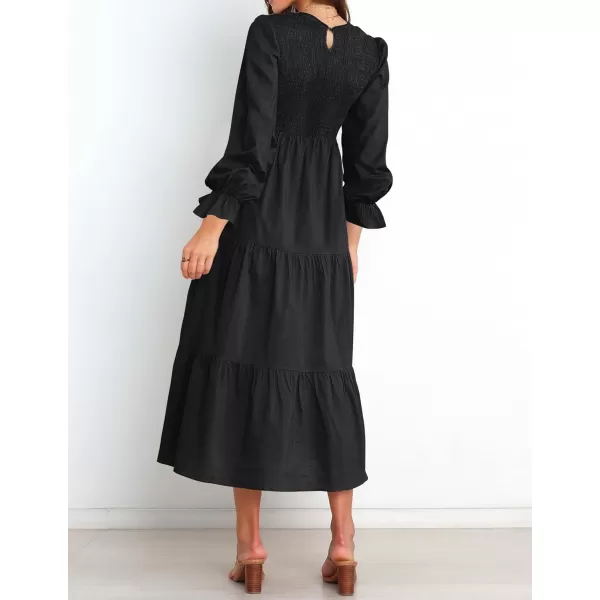 imageZESICA Womens Casual Plaid Crew Neck Long Puff Sleeve Elastic Waist Smocked Flowy Tiered Midi DressSolidblack