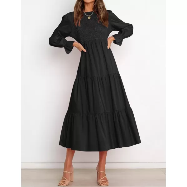 imageZESICA Womens Casual Plaid Crew Neck Long Puff Sleeve Elastic Waist Smocked Flowy Tiered Midi DressSolidblack