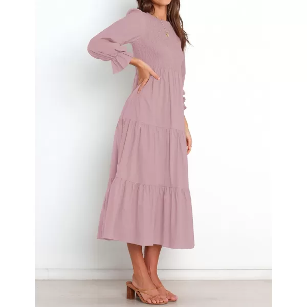 imageZESICA Womens Casual Plaid Crew Neck Long Puff Sleeve Elastic Waist Smocked Flowy Tiered Midi DressSolidpink