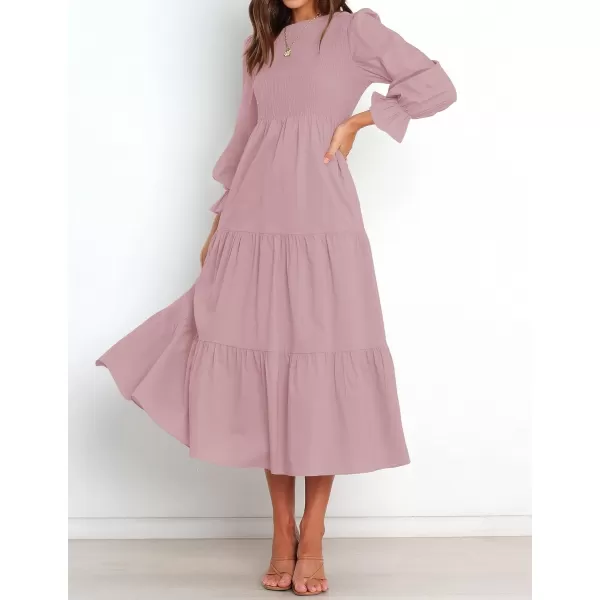 imageZESICA Womens Casual Plaid Crew Neck Long Puff Sleeve Elastic Waist Smocked Flowy Tiered Midi DressSolidpink