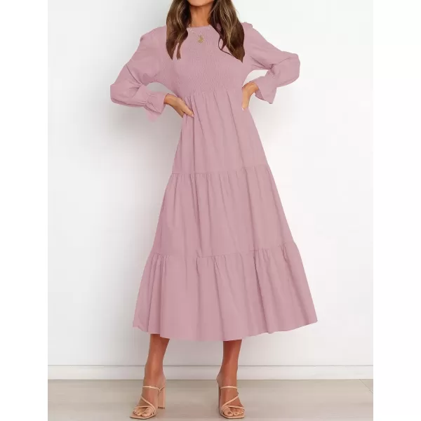 imageZESICA Womens Casual Plaid Crew Neck Long Puff Sleeve Elastic Waist Smocked Flowy Tiered Midi DressSolidpink
