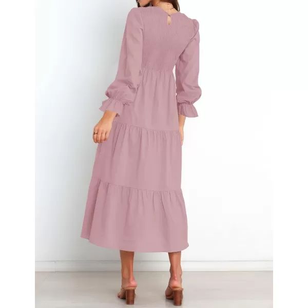 imageZESICA Womens Casual Plaid Crew Neck Long Puff Sleeve Elastic Waist Smocked Flowy Tiered Midi DressSolidpink