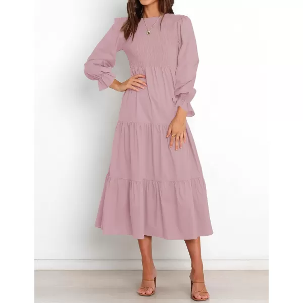 imageZESICA Womens Casual Plaid Crew Neck Long Puff Sleeve Elastic Waist Smocked Flowy Tiered Midi DressSolidpink