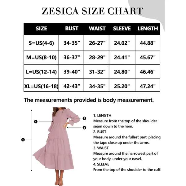 imageZESICA Womens Casual Plaid Crew Neck Long Puff Sleeve Elastic Waist Smocked Flowy Tiered Midi DressSolidpink