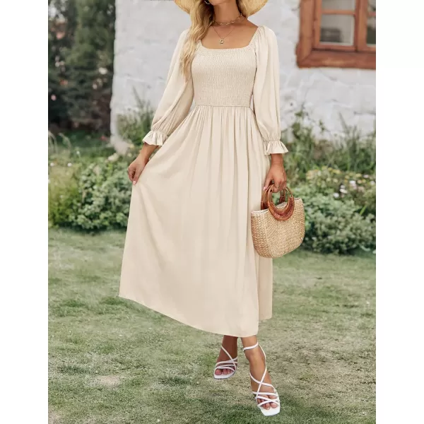 imageZESICA Womens Casual Square Neck 34 Puff Sleeve Solid Color Smocked High Waist Flowy Midi DressBeige