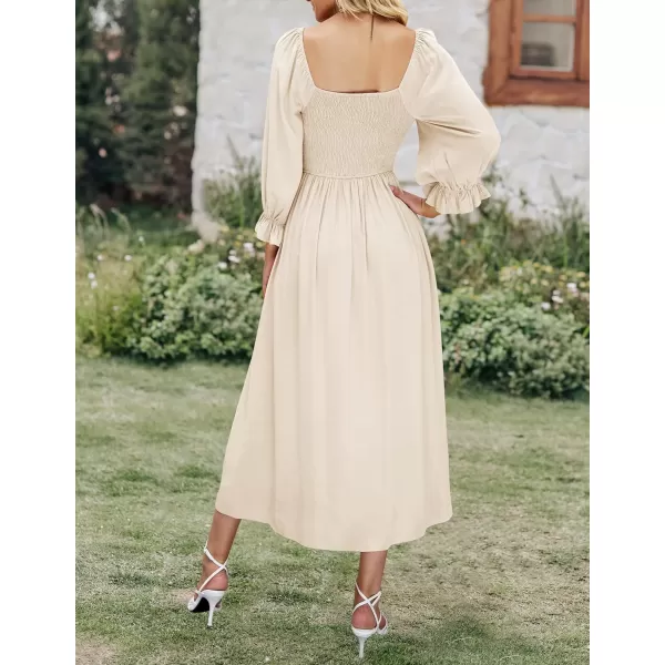 imageZESICA Womens Casual Square Neck 34 Puff Sleeve Solid Color Smocked High Waist Flowy Midi DressBeige