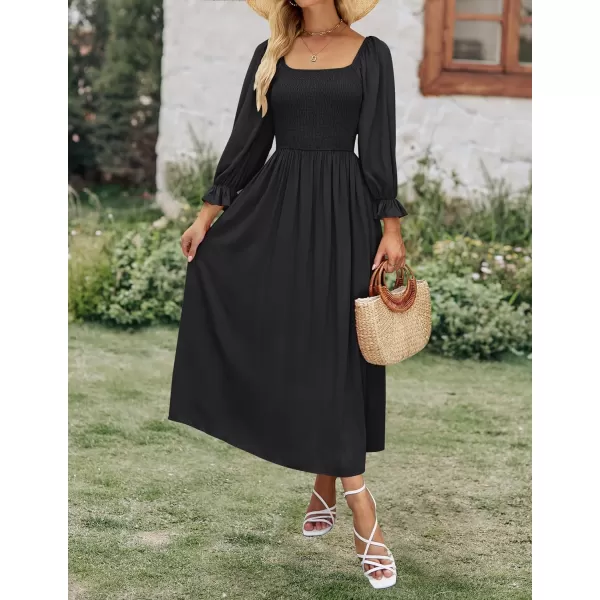 imageZESICA Womens Casual Square Neck 34 Puff Sleeve Solid Color Smocked High Waist Flowy Midi DressBlack
