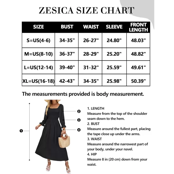 imageZESICA Womens Casual Square Neck 34 Puff Sleeve Solid Color Smocked High Waist Flowy Midi DressBlack