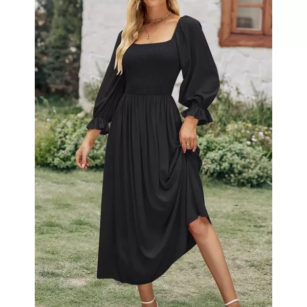 imageZESICA Womens Casual Square Neck 34 Puff Sleeve Solid Color Smocked High Waist Flowy Midi DressBlack