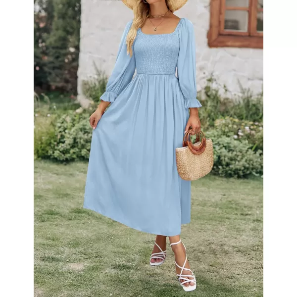 imageZESICA Womens Casual Square Neck 34 Puff Sleeve Solid Color Smocked High Waist Flowy Midi DressBlue