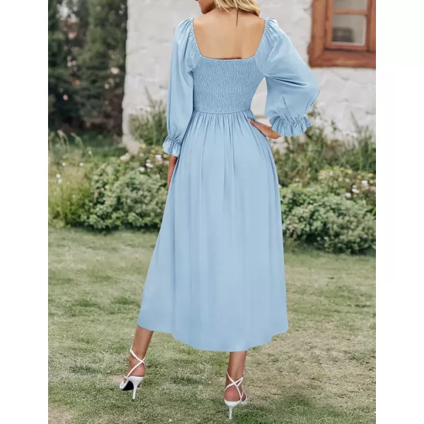 imageZESICA Womens Casual Square Neck 34 Puff Sleeve Solid Color Smocked High Waist Flowy Midi DressBlue
