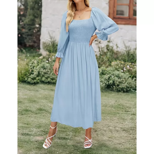 imageZESICA Womens Casual Square Neck 34 Puff Sleeve Solid Color Smocked High Waist Flowy Midi DressBlue