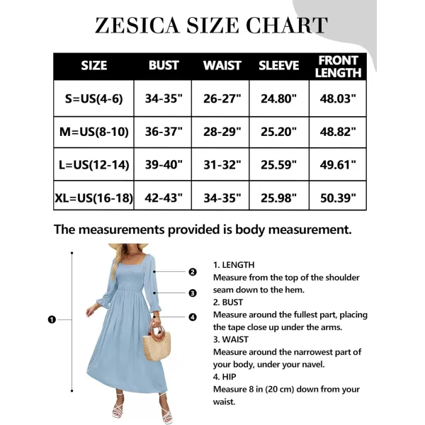 imageZESICA Womens Casual Square Neck 34 Puff Sleeve Solid Color Smocked High Waist Flowy Midi DressBlue