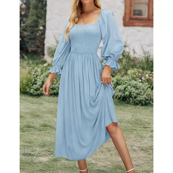 imageZESICA Womens Casual Square Neck 34 Puff Sleeve Solid Color Smocked High Waist Flowy Midi DressBlue