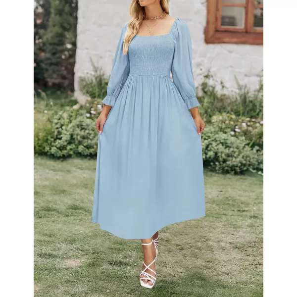 imageZESICA Womens Casual Square Neck 34 Puff Sleeve Solid Color Smocked High Waist Flowy Midi DressBlue