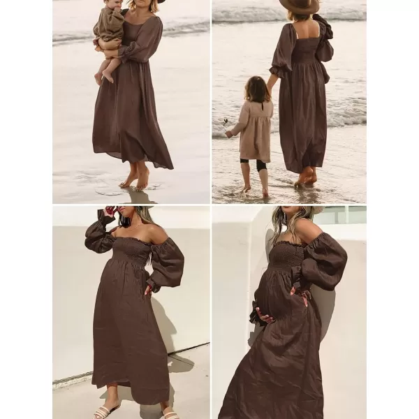 imageZESICA Womens Casual Square Neck 34 Puff Sleeve Solid Color Smocked High Waist Flowy Midi DressCoffee