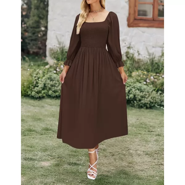 imageZESICA Womens Casual Square Neck 34 Puff Sleeve Solid Color Smocked High Waist Flowy Midi DressCoffee