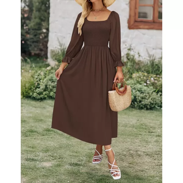imageZESICA Womens Casual Square Neck 34 Puff Sleeve Solid Color Smocked High Waist Flowy Midi DressCoffee