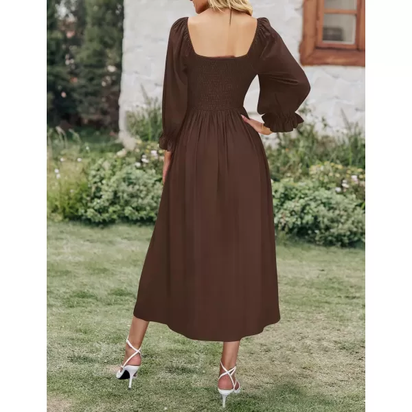 imageZESICA Womens Casual Square Neck 34 Puff Sleeve Solid Color Smocked High Waist Flowy Midi DressCoffee
