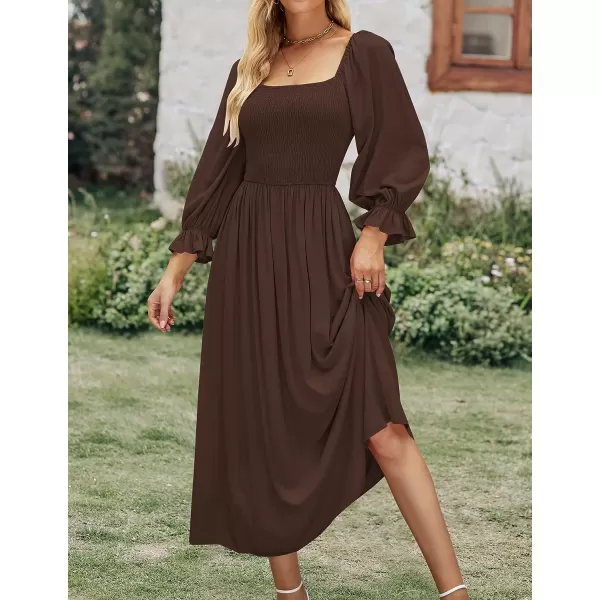 imageZESICA Womens Casual Square Neck 34 Puff Sleeve Solid Color Smocked High Waist Flowy Midi DressCoffee