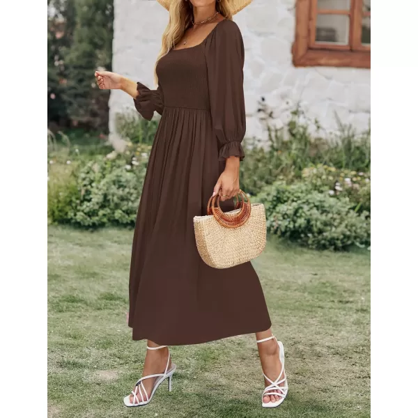 imageZESICA Womens Casual Square Neck 34 Puff Sleeve Solid Color Smocked High Waist Flowy Midi DressCoffee