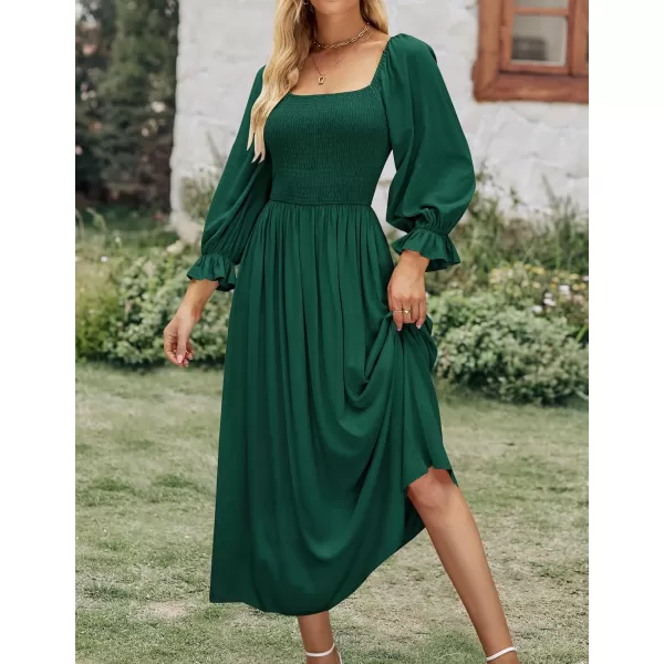 imageZESICA Womens Casual Square Neck 34 Puff Sleeve Solid Color Smocked High Waist Flowy Midi DressDarkgreen