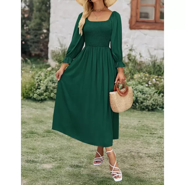 imageZESICA Womens Casual Square Neck 34 Puff Sleeve Solid Color Smocked High Waist Flowy Midi DressDarkgreen