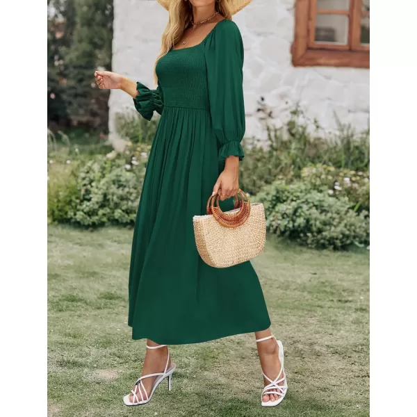 imageZESICA Womens Casual Square Neck 34 Puff Sleeve Solid Color Smocked High Waist Flowy Midi DressDarkgreen
