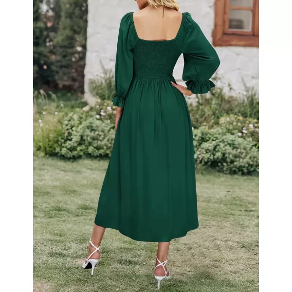 imageZESICA Womens Casual Square Neck 34 Puff Sleeve Solid Color Smocked High Waist Flowy Midi DressDarkgreen