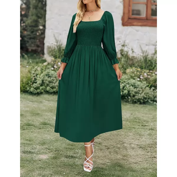 imageZESICA Womens Casual Square Neck 34 Puff Sleeve Solid Color Smocked High Waist Flowy Midi DressDarkgreen
