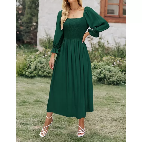 imageZESICA Womens Casual Square Neck 34 Puff Sleeve Solid Color Smocked High Waist Flowy Midi DressDarkgreen