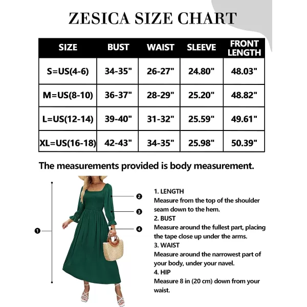 imageZESICA Womens Casual Square Neck 34 Puff Sleeve Solid Color Smocked High Waist Flowy Midi DressDarkgreen