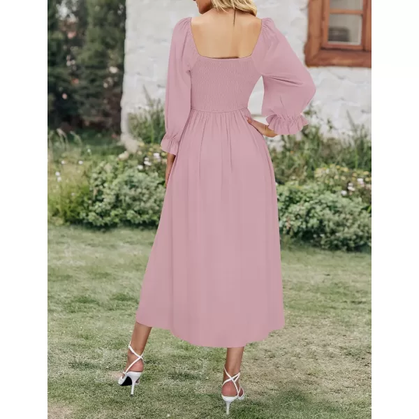imageZESICA Womens Casual Square Neck 34 Puff Sleeve Solid Color Smocked High Waist Flowy Midi DressDarkpink