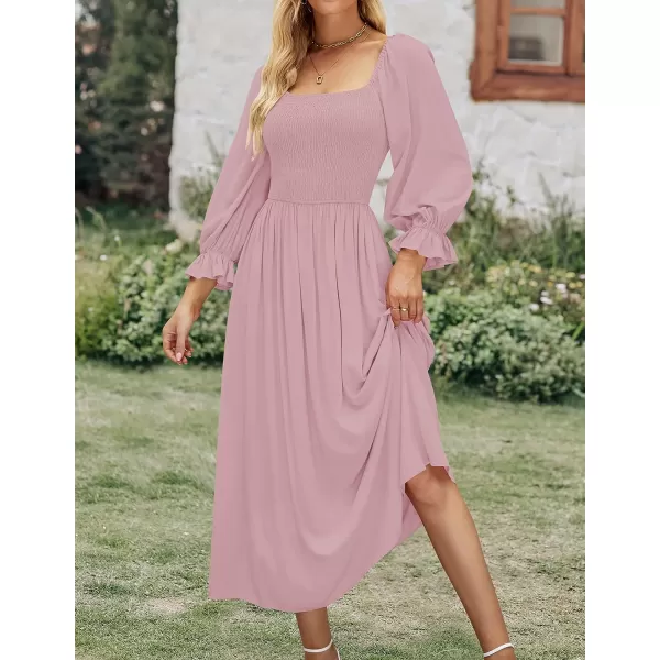 imageZESICA Womens Casual Square Neck 34 Puff Sleeve Solid Color Smocked High Waist Flowy Midi DressDarkpink