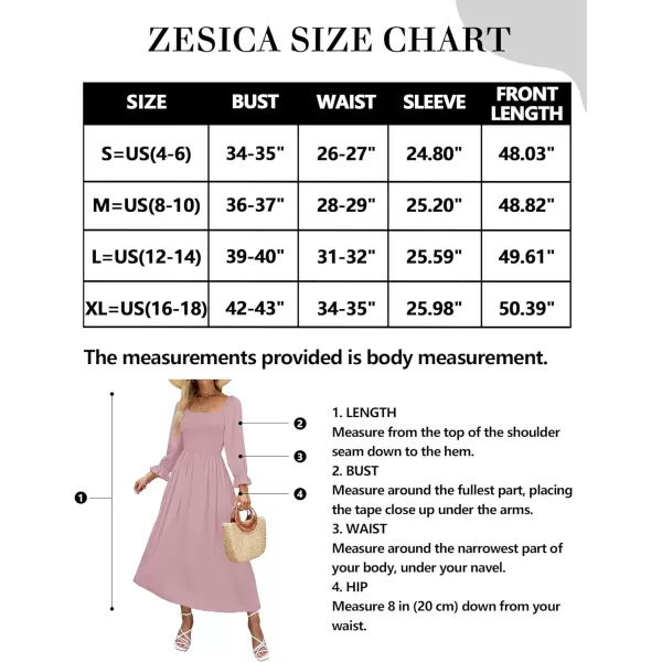 imageZESICA Womens Casual Square Neck 34 Puff Sleeve Solid Color Smocked High Waist Flowy Midi DressDarkpink